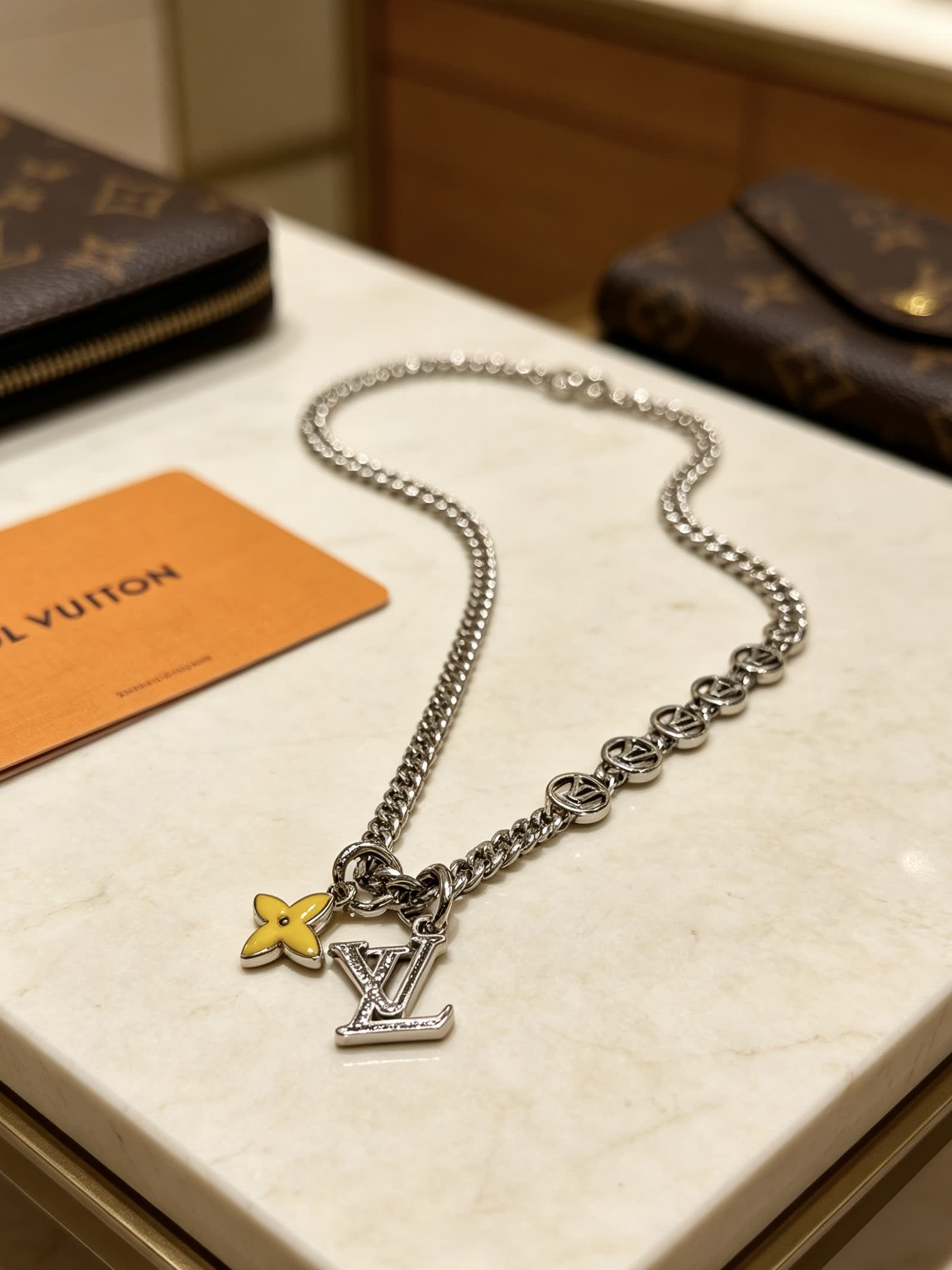 Louis Vuitton Silver Chain Necklace with Monogram and Flower Design